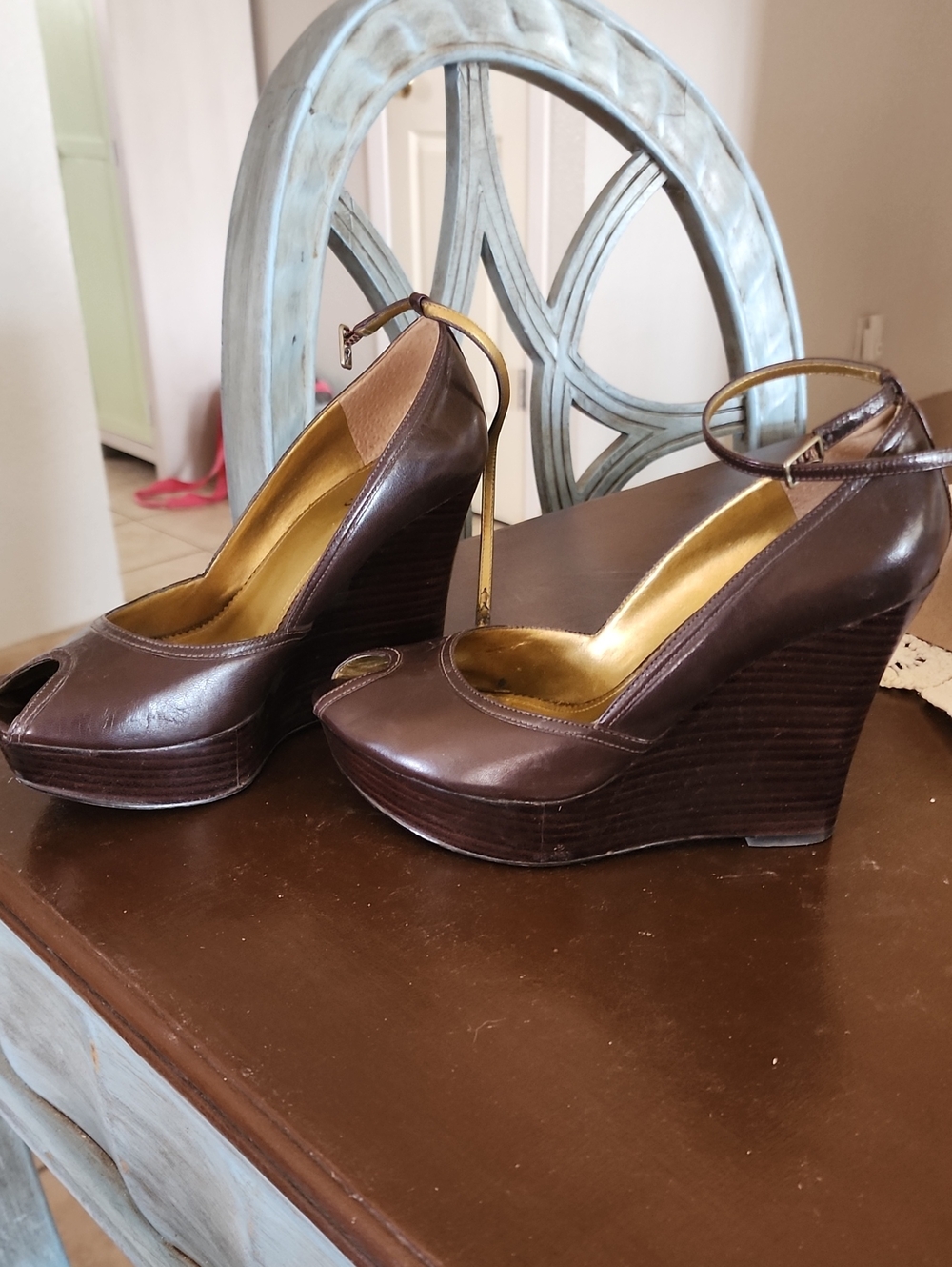 Guess Brown Peep-Toe Wedge Heels with Ankle Strap